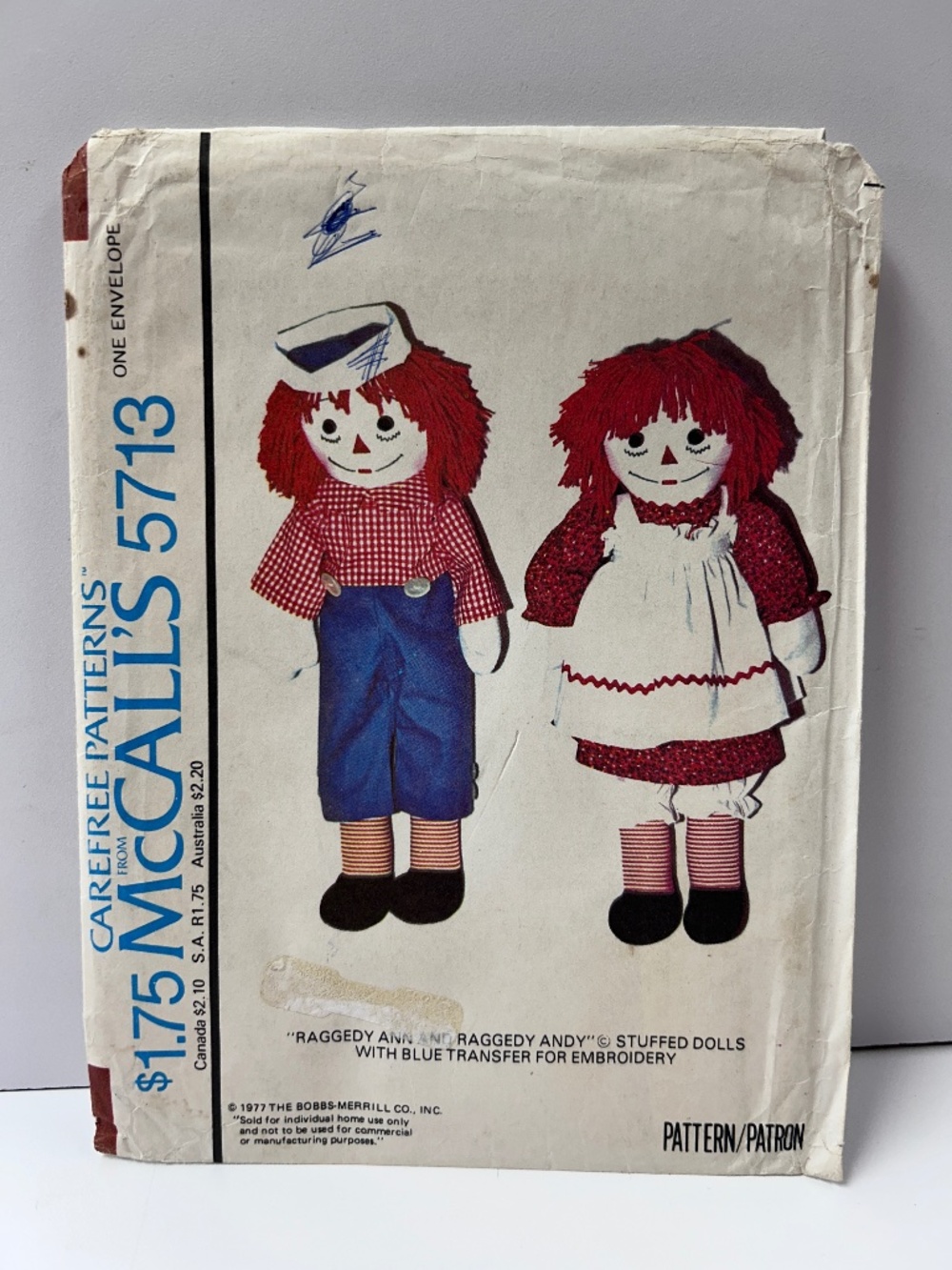 Uncut Vintage 1970s McCalls d5713 Raggedy Ann Andy Stuffed Dolls with Embroidery